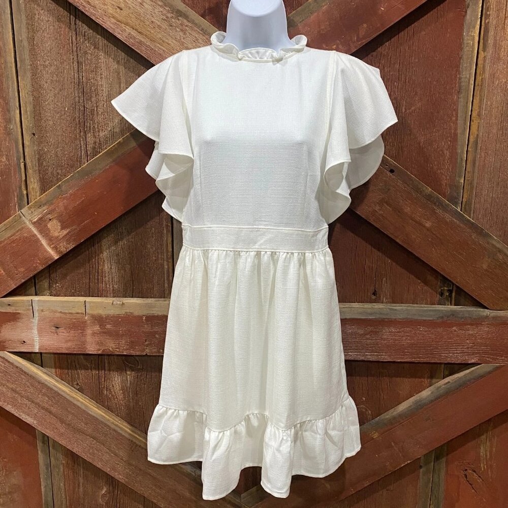 Express X Ladygang Ruffle Mini Dress 6 White Flutter Sleeve Country Western NEW